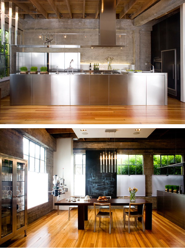 Top shows kitchen in Larissa Sand's own family residence in the Sand Studios building. Bottom shows the dining area. Rough ceilings are tamed with a soffit; chandelier and rolling blackboard designed and fabricated by Sand Studios. Window treatments are carried throughout the building, including the office downstairs. Photos: Kenneth Probst Photography