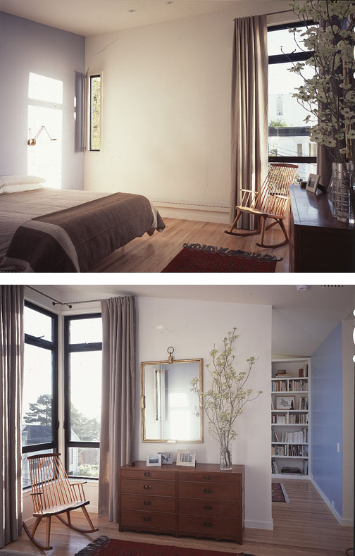 Master bedroom in Karin Payson's own house, which she designed with maximum light in mind. Putting a small window at the corner and letting it wash the wall with light can be very effective for private living areas. Top photo shows view looking north, bottom photos shows view towards the east. Note the canted ceiling shown in the east facing photo.