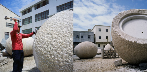 Stone sculptures such as these stone eggs at the Minneapolis Children's Hospital involve teams of skilled workers to quarry, transport, carve, and install – and can take months, even years, to bring to completion. Artists: Brad and Diana Goldberg. Fabrication: Richard Rhodes. Photo: Richard Rhodes