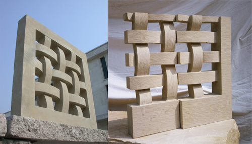 Master sculptor and stonemason Richard Rhodes hand-carved a series of large woven stone screens for a private residence in Hawaii. The home was designed by architect Shay Zak. These photos show early expressive prototypes. Photos: Richard Rhodes
