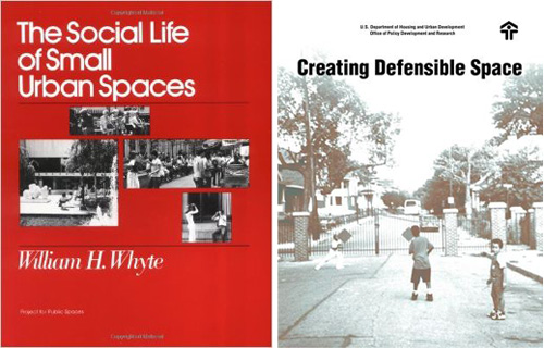 One common thread between the approaches of William H. Whyte's "The Social Life of Small Urban Spaces" and Oscar Newman's "Defensible Space" is the concept that "eyes on the street" make it safer.