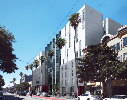 This proposed affordable housing project at 1950 Mission Street, designed by David Baker Architects, is the first 100% affordable housing to be developed in San Francisco's Mission district in a decade. Image: David Baker Architects