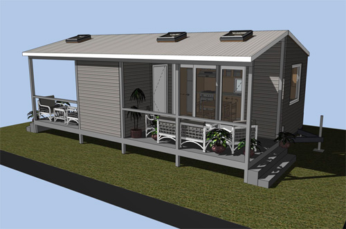 This Tiny House design from architect David Ludwig. An outdoor living area or porch along the side of the house effectively doubles the living area. Other Tiny House designs often have a front-facing porch with entry, similar to a traditional "shotgun shack" - but, according to Ludwig, having an entrance on the side allows for more efficient use of interior space. Image: David Ludwig