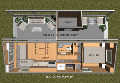 An efficient floor plan is essential for a roomy-feeling Tiny House. Shown here is architect David Ludwig's floor plan for a proposed Tiny House. Note furniture placement is included, and the outdoor area has additional storage. The entry isn't labeled, but it's through sliding doors that lead in from the porch. Image: David Ludwig