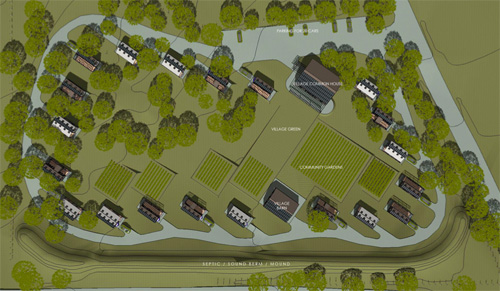 David Ludwig's proposed plan for a Tiny House village in Sebastopol includes 20 individual dwellings, a village common house, a village barn. The building surround a central green space that includes natural trees, a village green, and community gardens. The land would be owned by a consortium of 5-6 people, and the other residents would rent space for their own Tiny Houses. Image: David Ludwig