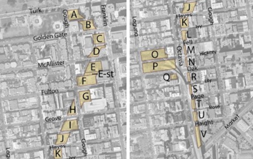 Of the 22 land parcels freed up by the Central Freeway's removal, roughly 16 are in some stage of development or completed. Lots are numbered A-V.