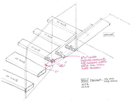 Ascent from main floor to upper floor, viewed looking down from upper story landing. The stair rail panels would have to be fabricated. In this drawing, the callout explores the interaction between glass panels, where the stair turns a corner. Image: Mark English Architects