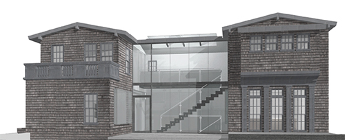 Initial design proposal, exterior. A central glass stair led to a glass walkway on third floor, with light from a long row of skylights. Image: Mark English Architects